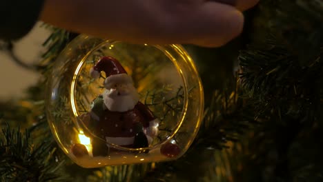 persona colgando un claro en el adorno de navidad con santa en un pino, de cerca