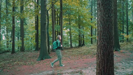 female with backpack hiking through dense forest following countryside trail