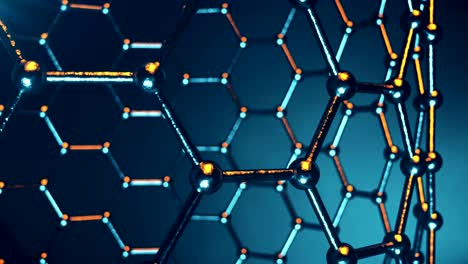 nanoestructura del átomo de grafeno animación en bucle. nanotubo en forma de panal. concepto nanotecnología y ciencias animación 3d