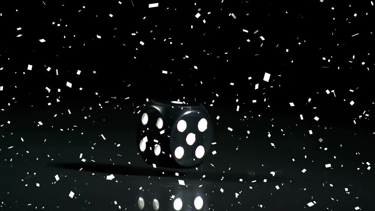 Animation of black dice and confetti on black background