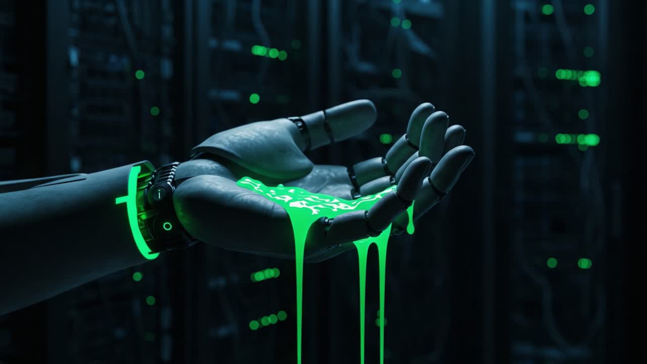 A Futuristic Robotic Hand Emitting Neon Green Liquid, Set Against a Backdrop of High-Tech Servers, Symbolizing Advanced Technology and Digital Innovation