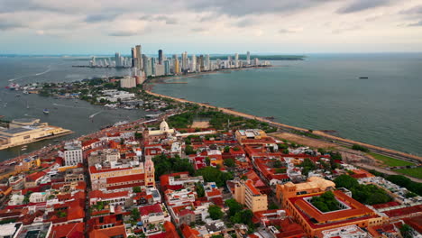 Aerial-drone-view-of-the-old-town-of-Cartagena-de-Indias-in-Colombia