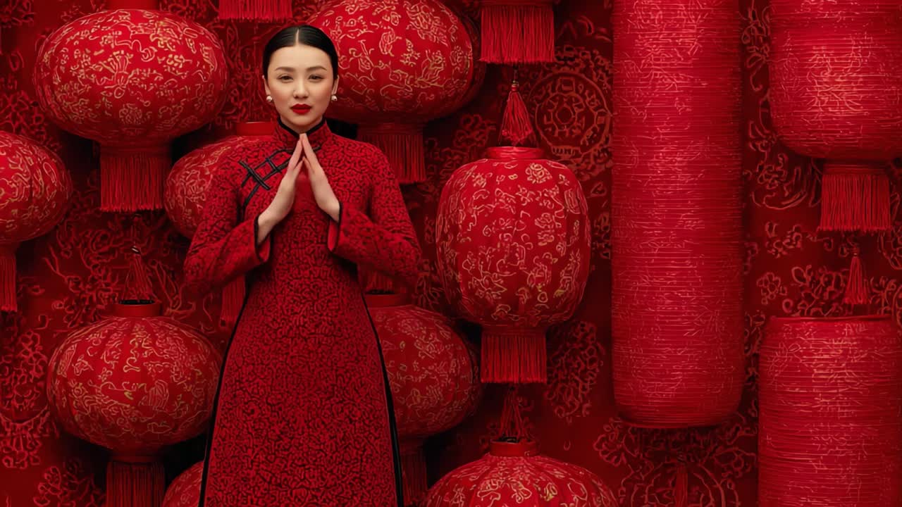 Una bellissima donna in abiti tradizionali posa elegantemente tra lanterne rosse festive, celebrando il patrimonio culturale con grazia, fascino e calore