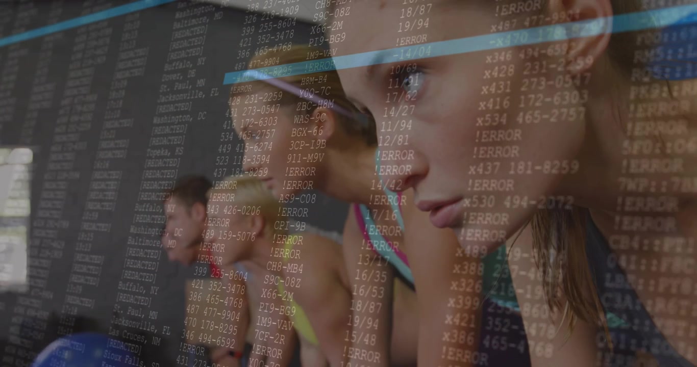 Lead woman holding plank, camera closing, data overlay rising with blue bars tracking fitness data