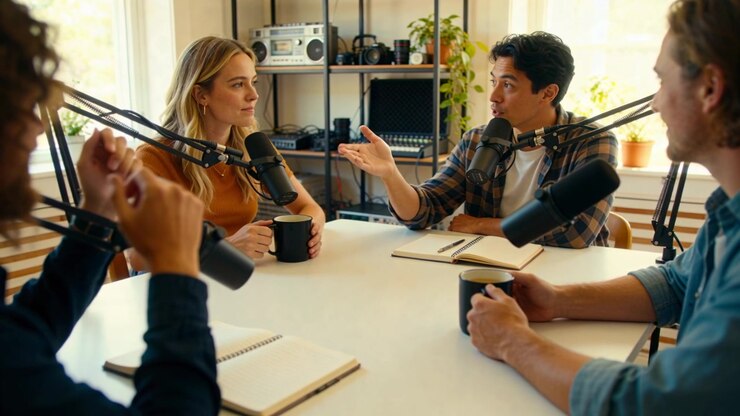 Relatore in camicia a quadri che alza la mano destra, sottolineando un punto in uno studio podcast, con microfoni.