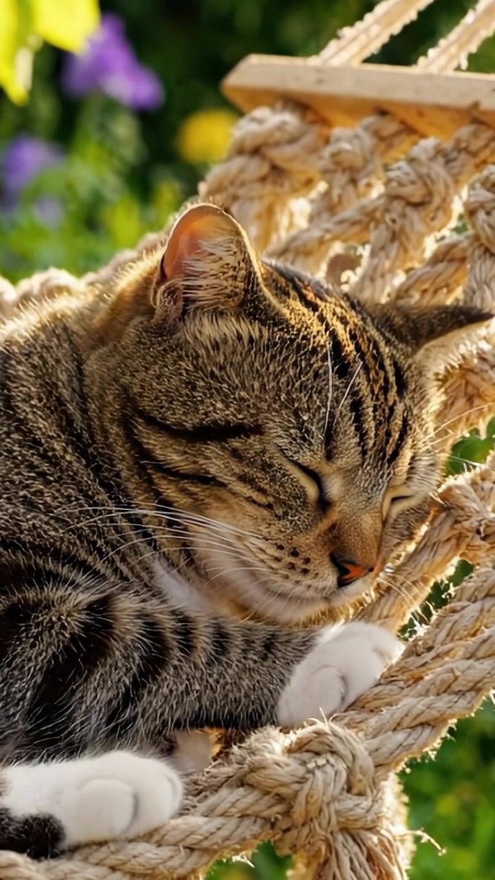 Un gatto sereno si gode un sonnellino pacifico, accoccolato in una comoda amaca di corda, circondato da un giardino lussureggiante sotto il sole.