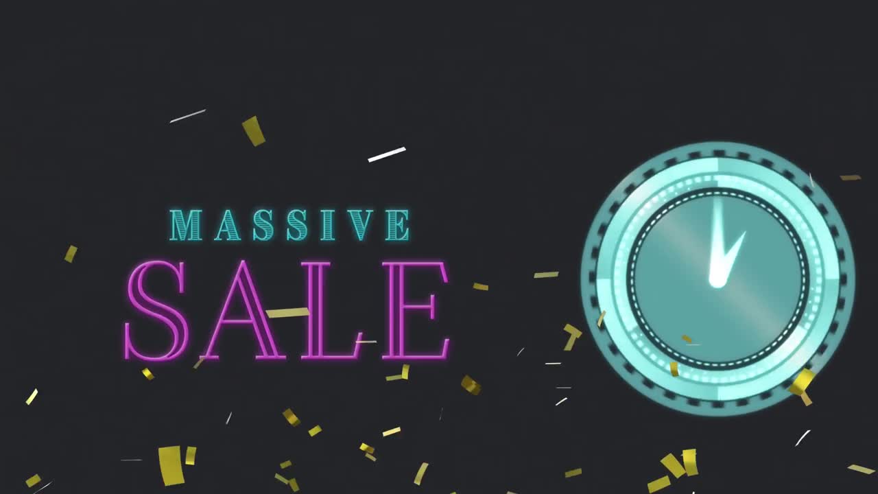 검은색 배경에 판매 텍스트와 시계와 함께 콘페티의 애니메이션