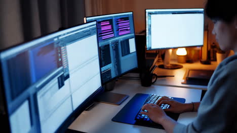 programmer working on multiple monitors at a desk