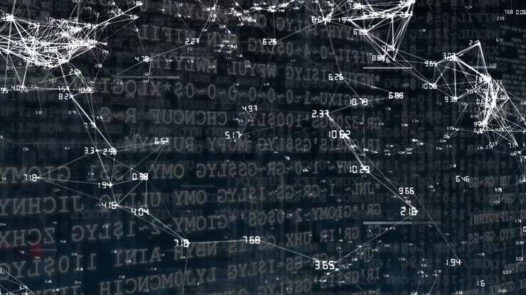 Data processing and network of connections on black background