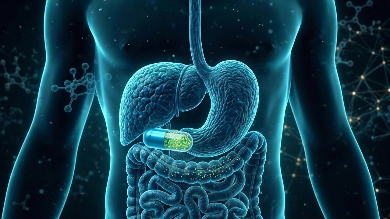 Human digestive system anatomy with stomach and intestine medical visualization