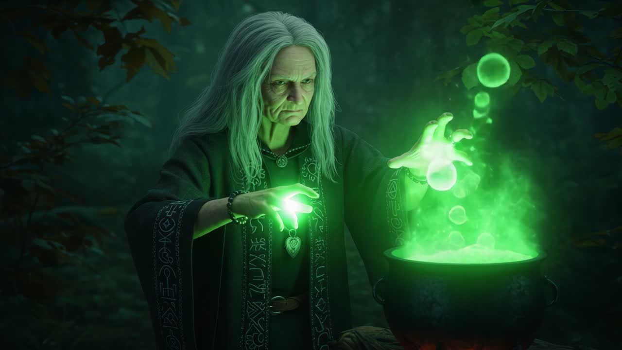 A Mysterious Witch Casting Enchantment in a Dark Forest, Focusing on a Bubbling Cauldron Filled with Green Magic, Capturing the Essence of Sorcery and Ancient Rituals