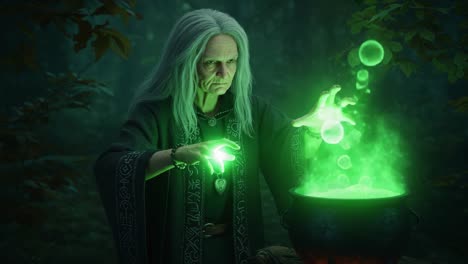a mysterious witch casting enchantment in a dark forest, focusing on a bubbling cauldron filled with green magic, capturing the essence of sorcery and ancient rituals