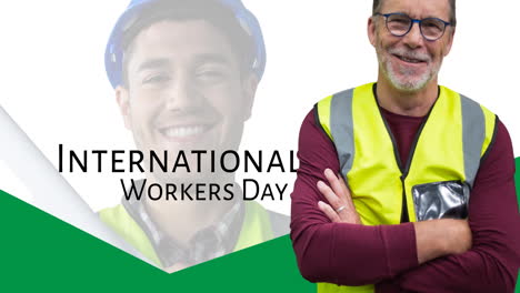 animation of smiling caucasian male worker and senior worker over international workers day text