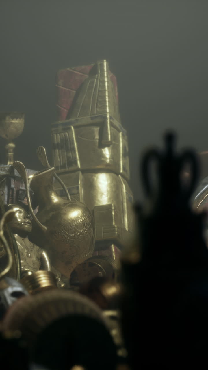 tesoros del antiguo egipto: primer plano de una estatua de oro y otros artefactos