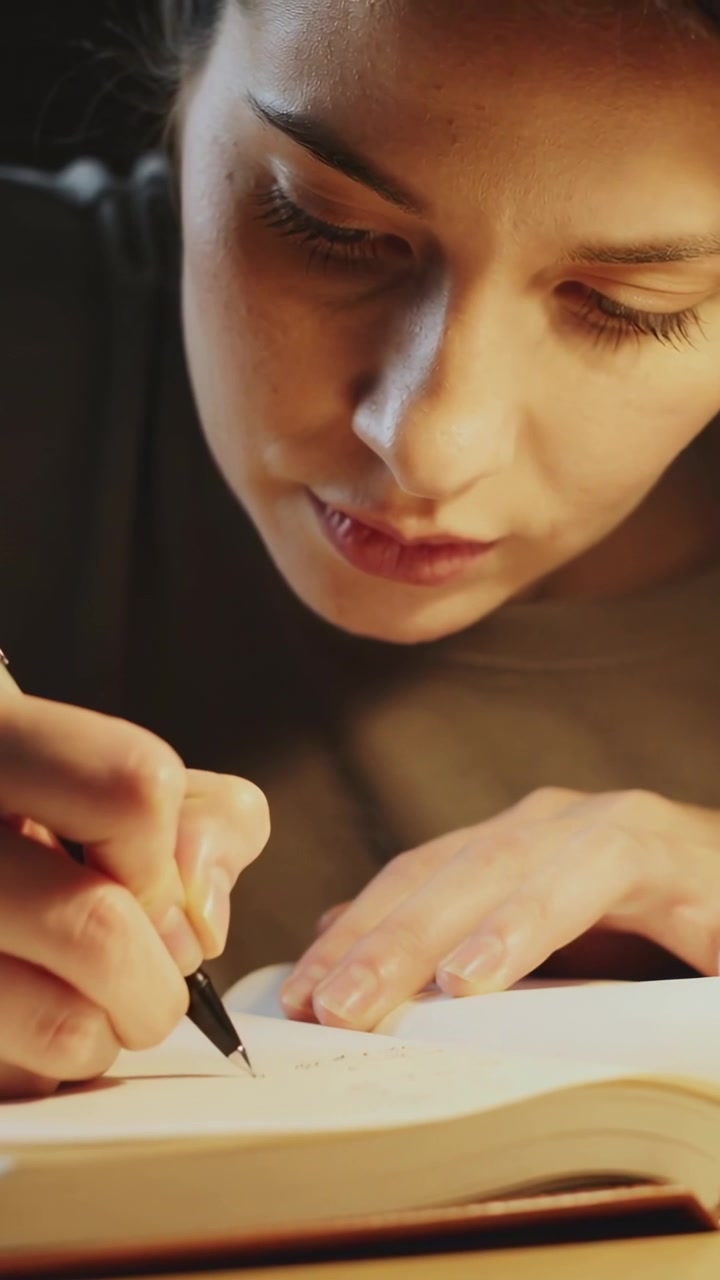 Vídeo vertical: Mulher inclinada com blusa escura fazendo anotações na mesa, segurando um livro aberto para estudar