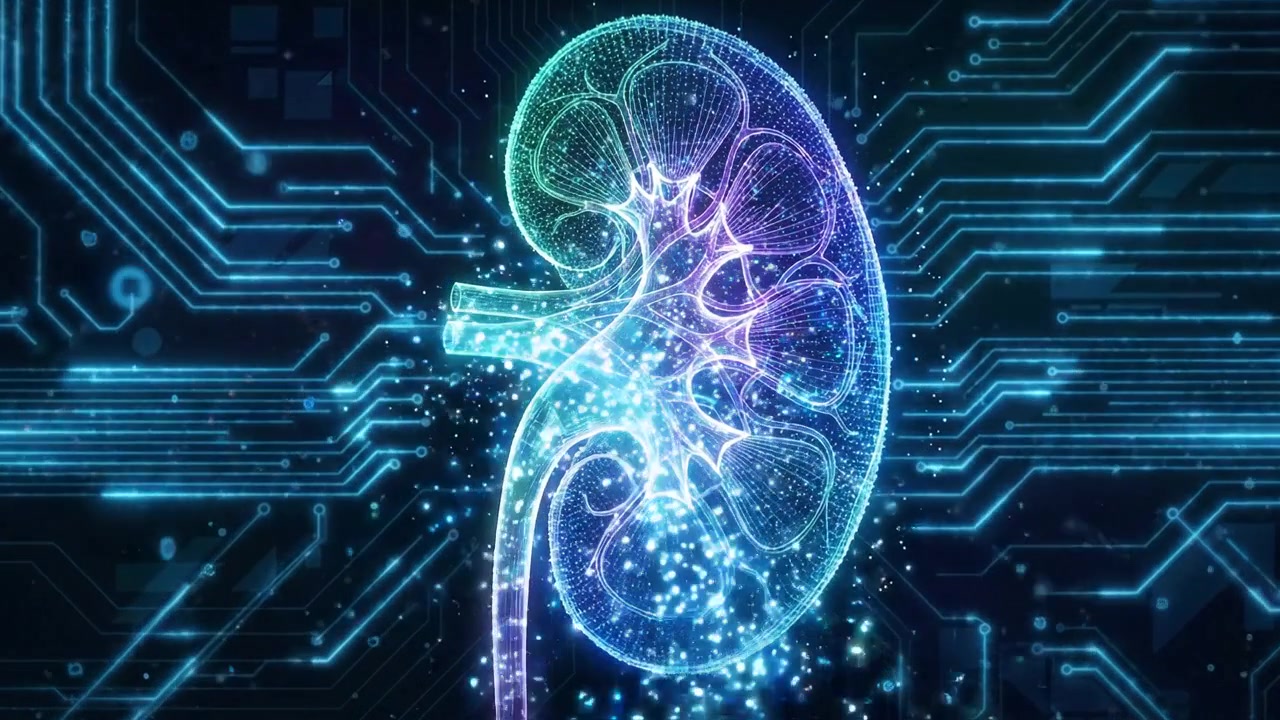 Glowing digital medical scan of human kidneys