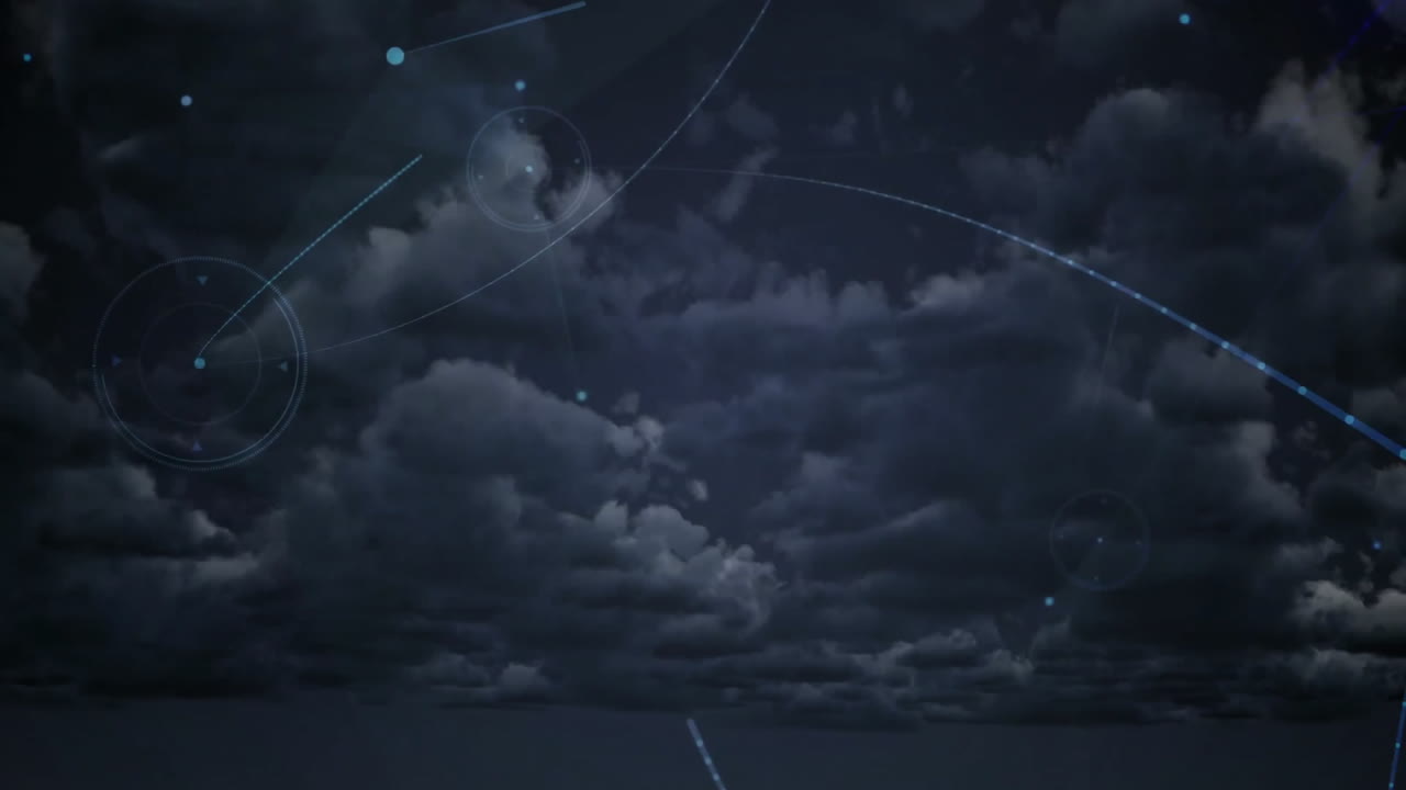 Digital lines and dots forming network pattern in cloudy night sky animation