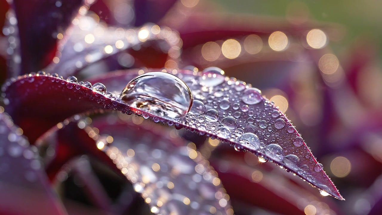 Gotas de Orvalho Matinal em Macro em Folhas Roxas com Luz Bokeh