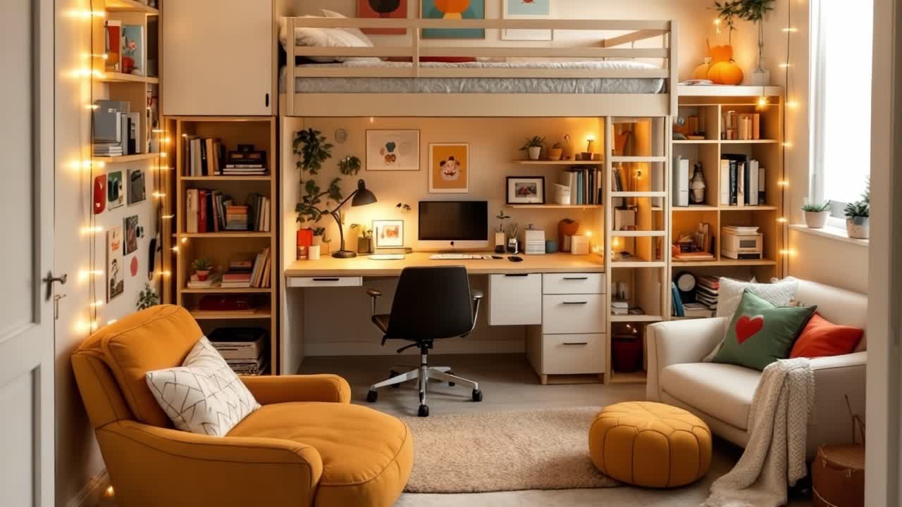 Cozy modern bedroom featuring a loft bed, a workspace with a computer, and warm lighting. The room is decorated with bookshelves, plants, and comfortable seating, creating an inviting atmosphere