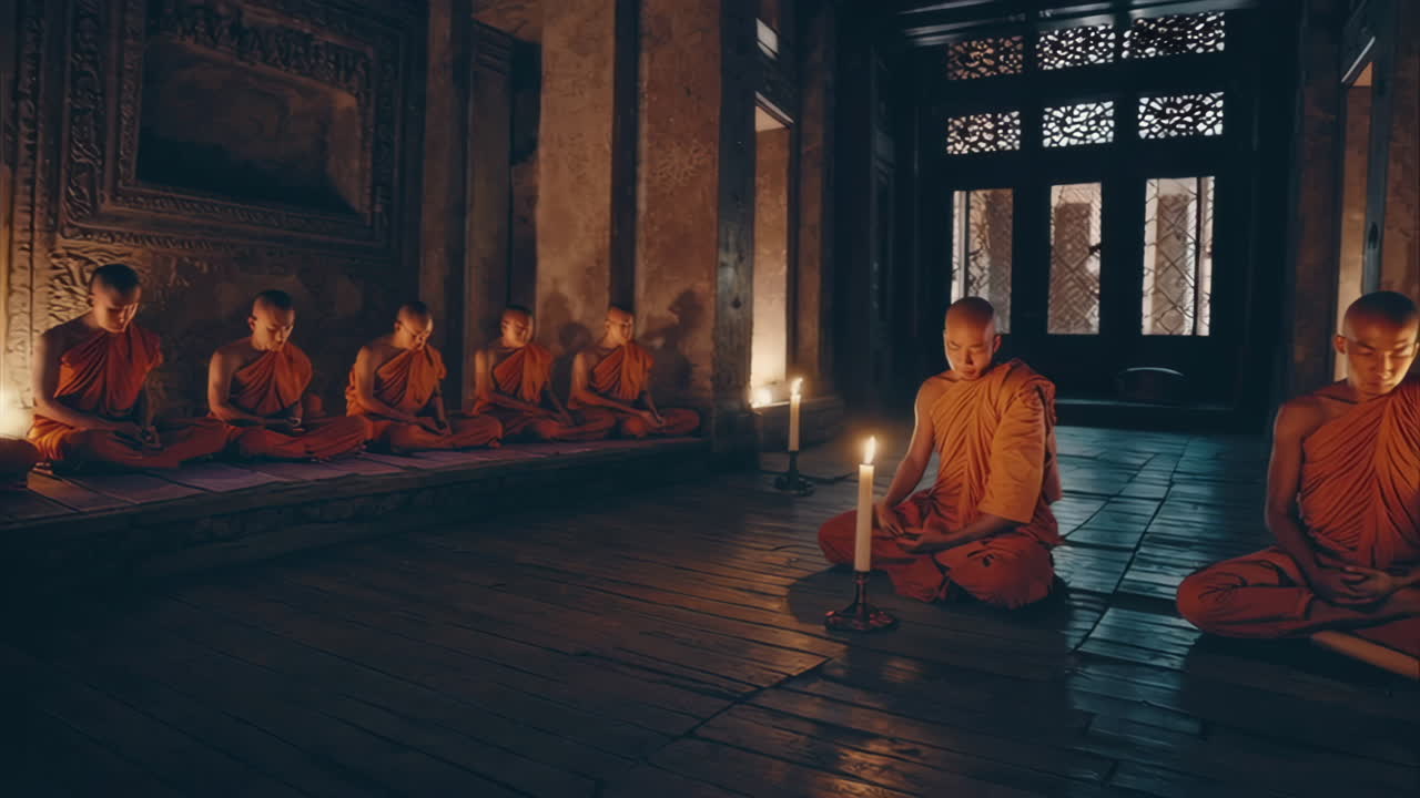 Buddhist Monks Meditating in a Monastery