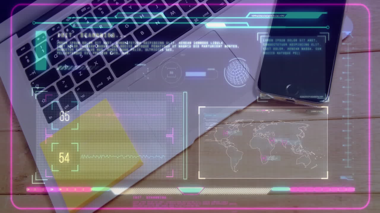 Laptop trackpad yellow notebook and smartphone cluster showing holographic UI data in 3D render