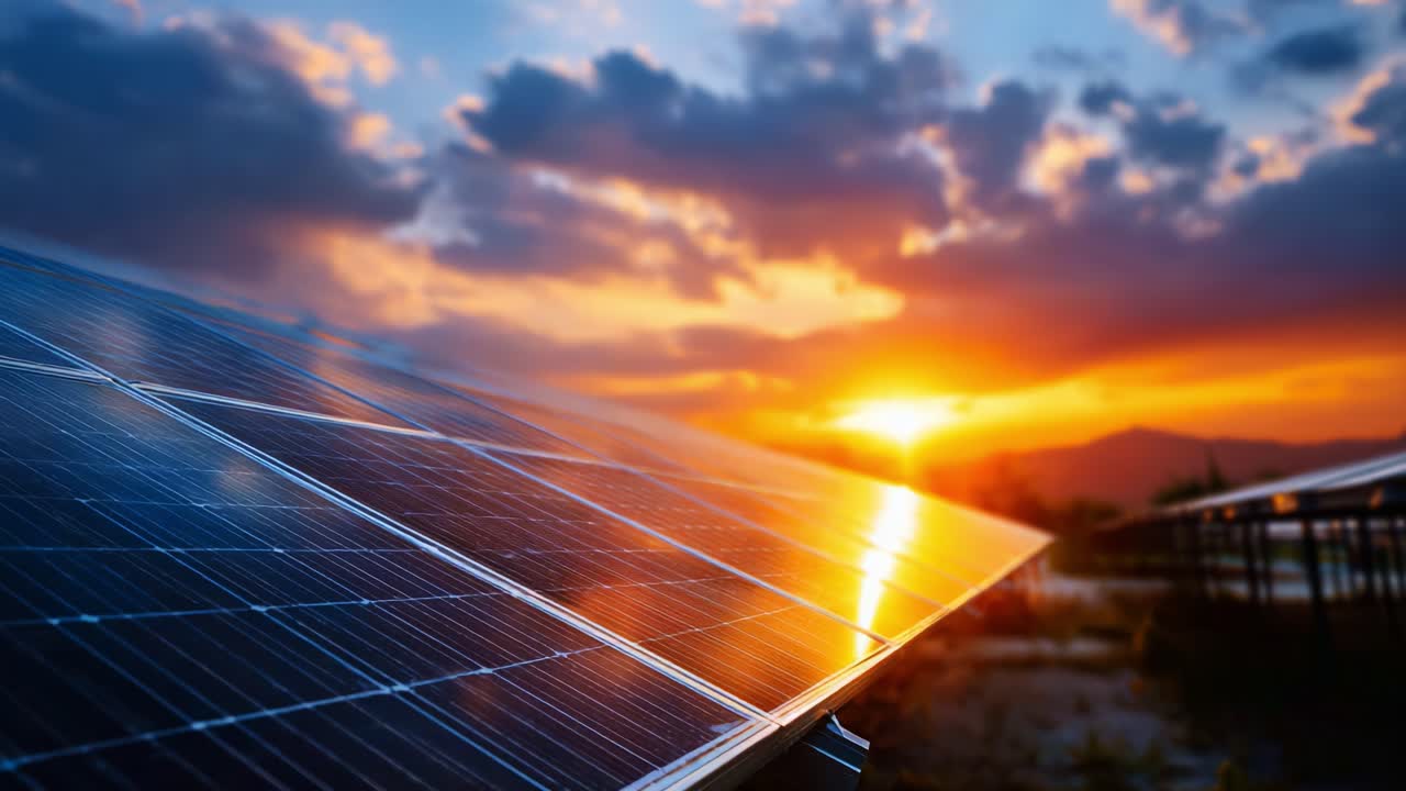 Tramonto su pannelli solari: una scena accattivante che mette in risalto l'energia rinnovabile e la sostenibilità nell'ora d'oro, con colori vivaci e serenità