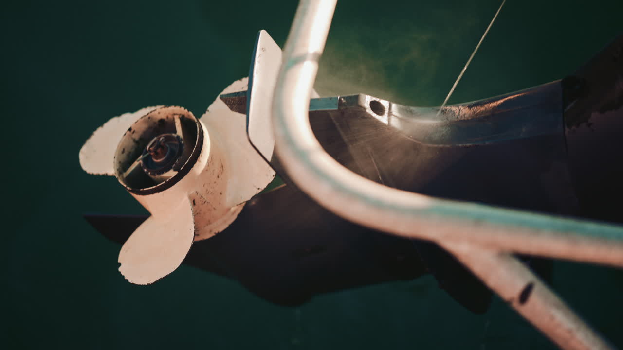 Close up of a man using a pressure washer to clean a boat propeller at the edge of a marina