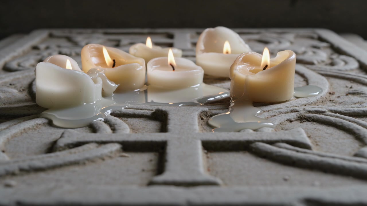Cinque candele votive si sciolgono, rilasciando cera dalle fiamme che scorre in scanalature a croce su una lastra di pietra.