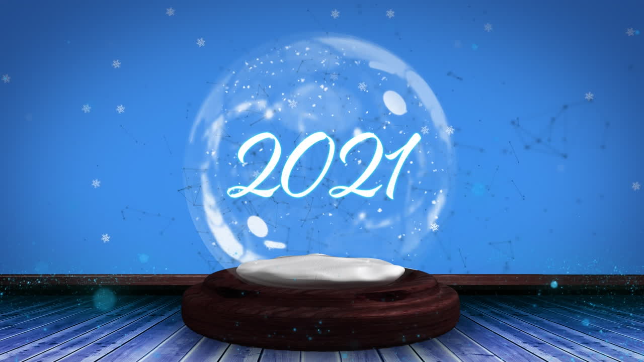 animación de texto de 2021 en globo de nieve y estrella fugaz sobre fondo azul