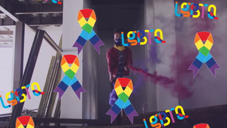 animación de lgbtq y cintas de arco iris sobre un manifestante afroamericano con humo