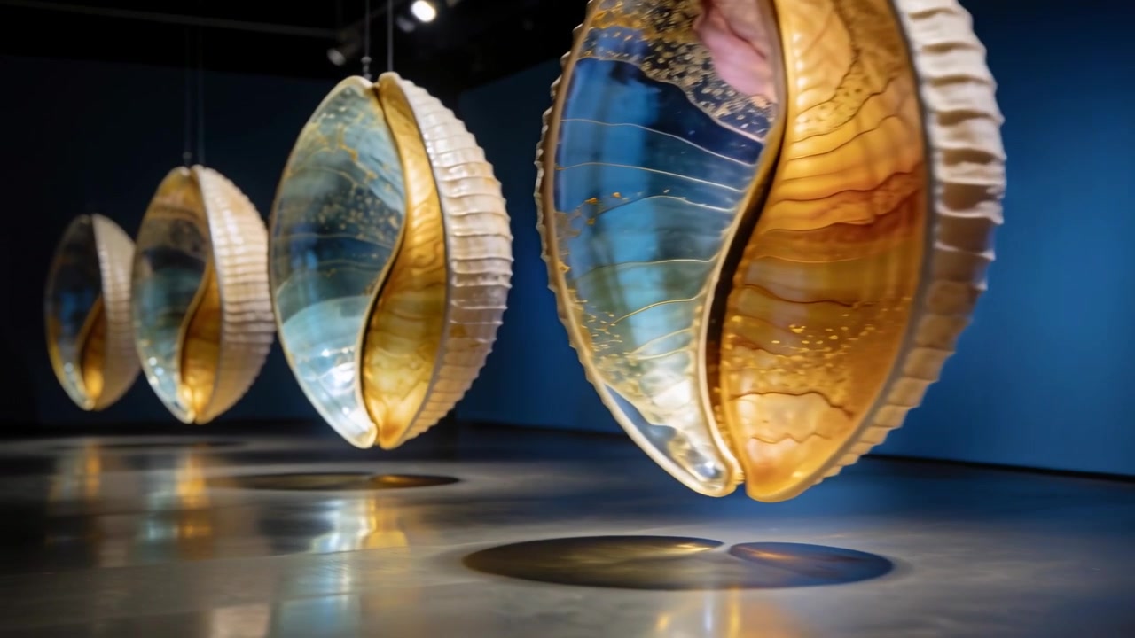 Telecamera panoramica che inizia una scivolata laterale, un pezzo di vetro della scocca anteriore mostra toni blu ambra, con spazio per il testo.