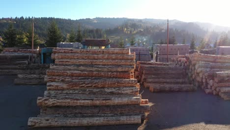 drone. a static wide shot of a sawmill in a mountain valley during the golden hour. large stacks of raw timber logs are illuminated by the warm, hazy light of the late afternoon sun