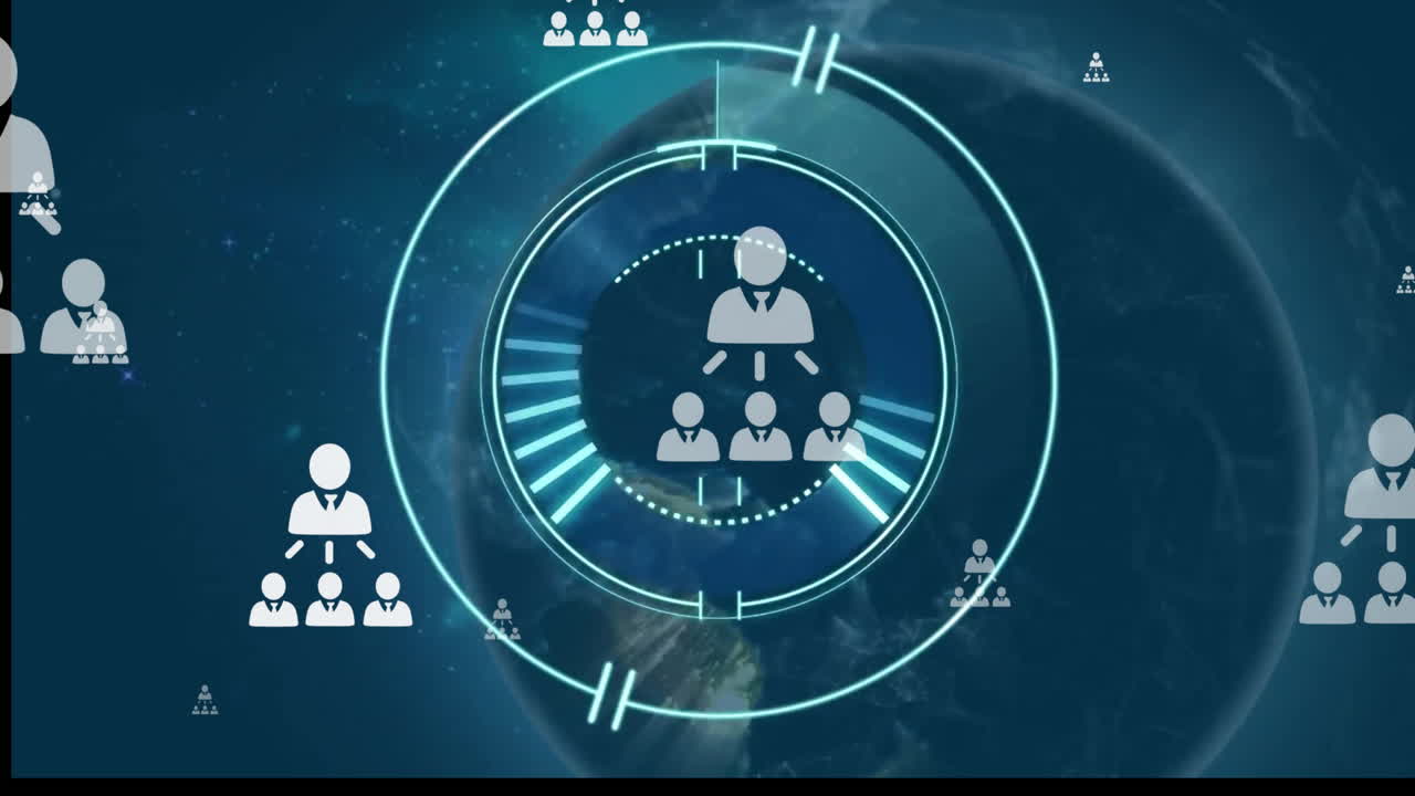 animación de las personas iconos y alcance con procesamiento de datos sobre fondo azul