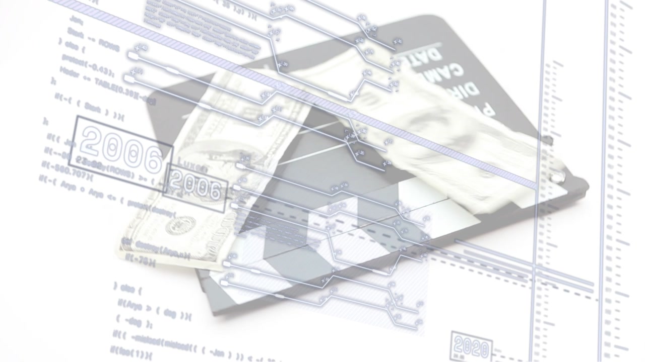 Circuit overlay starting, USD bills stacking on slate as timeline moving, showing film finance