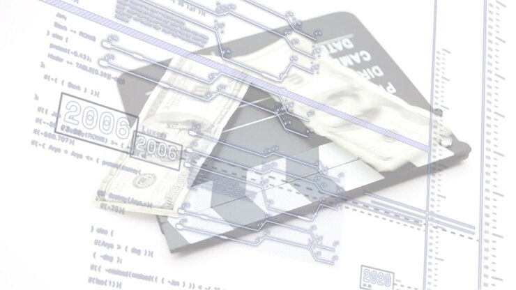 Circuit overlay starting, USD bills stacking on slate as timeline moving, showing film finance