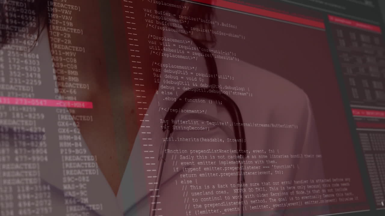 female doctor standing with stethoscope in health scene, showing floating JavaScript code overlay