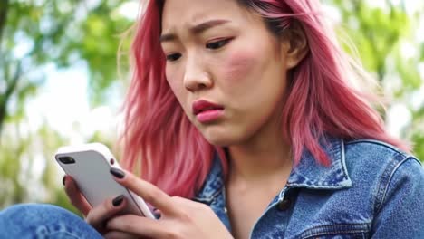 woman looking at smartphone in a park