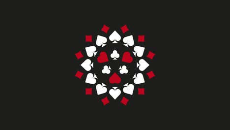 simple motion graphic gambling concept animated rosette with playing cards symbols (diamonds, clubs, hearts and spades) on a black background