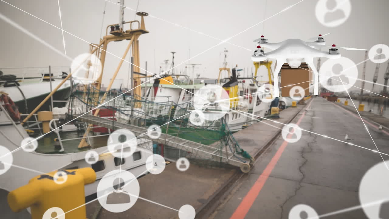 animación de la red de conexiones con iconos sobre el drone de entrega con paquete