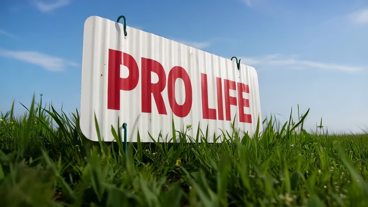 Ripresa panoramica con la camera che si avvicina a un cartello in un campo erboso su pali di metallo con ganci verdi, che mostra PRO LIFE