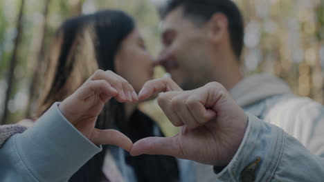 couple making a heart shape in a forest