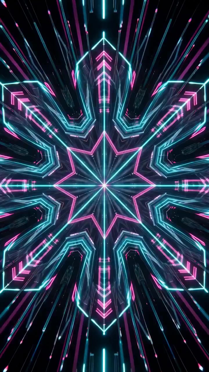 Animazione astratta al neon di una stella geometrica ciano e magenta che si espande da un nucleo centrale a frammenti dispersi.
