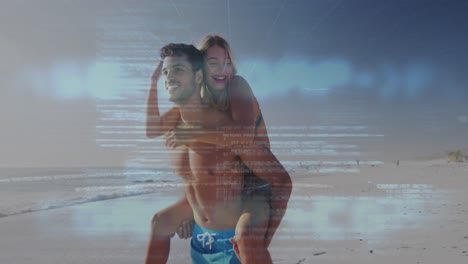 Animation-of-financial-data-processing-over-couple-on-beach