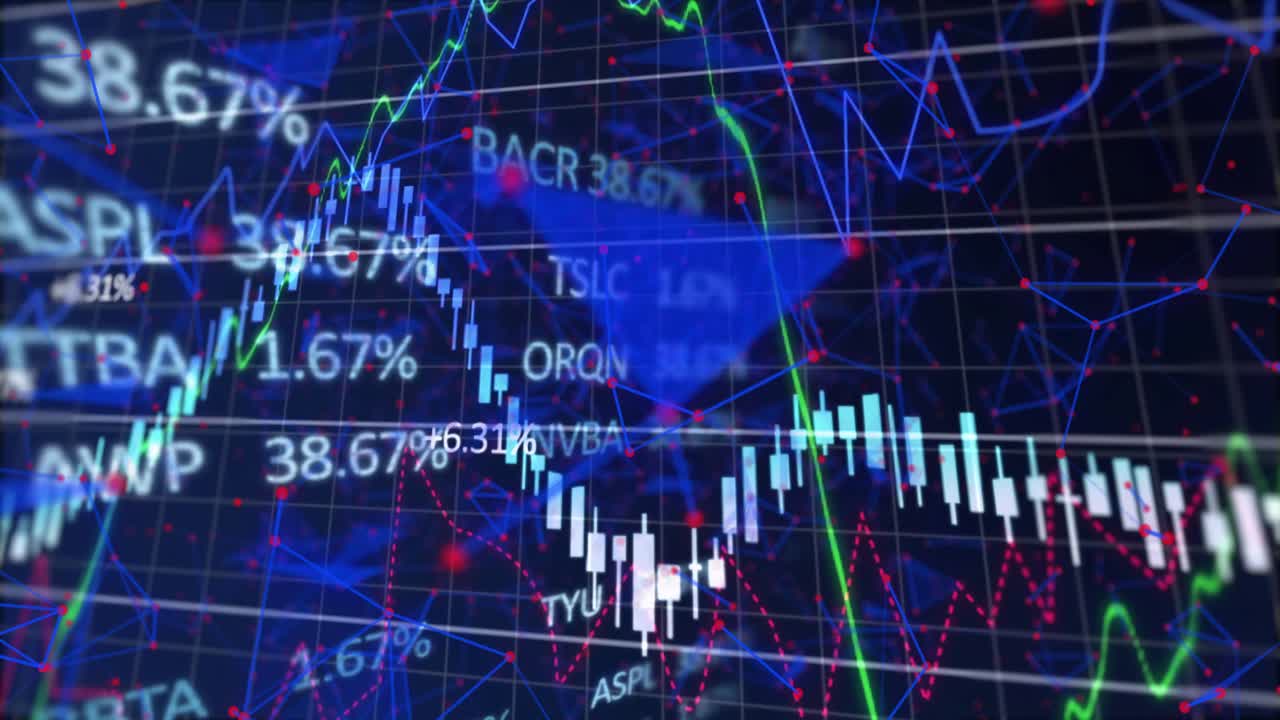 Nodi blu che si spostano su una griglia, a partire da candele che salgono, linea che si intreccia, mostrando i cambiamenti del mercato