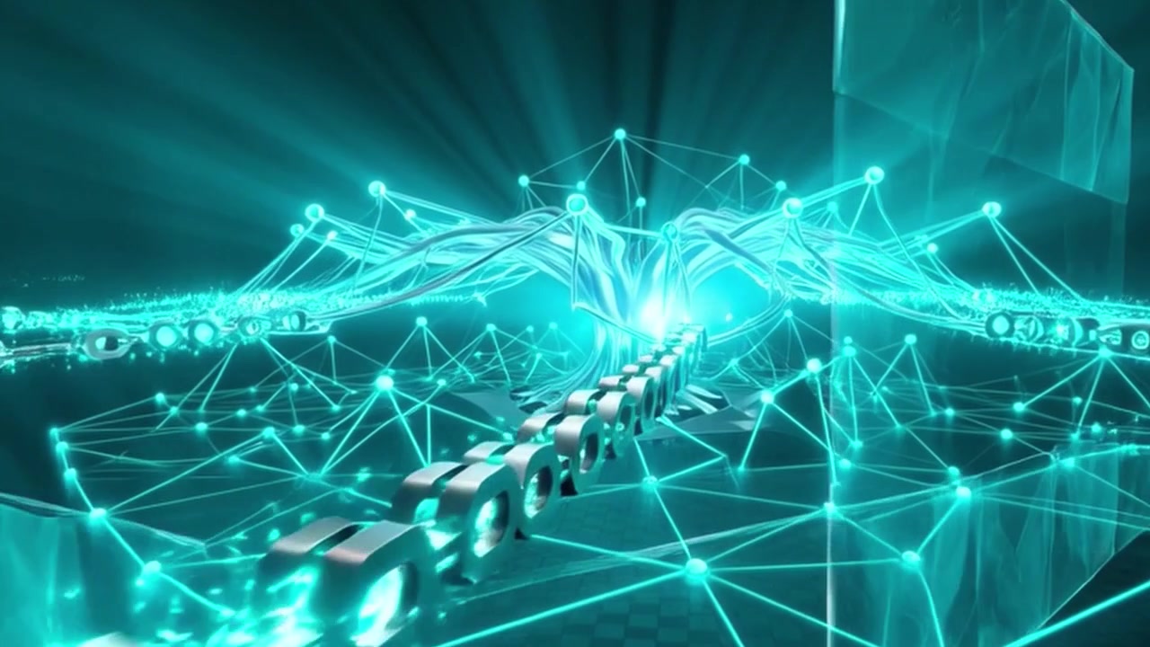 Digital Chain Connecting to Glowing Abstract Network Structure
