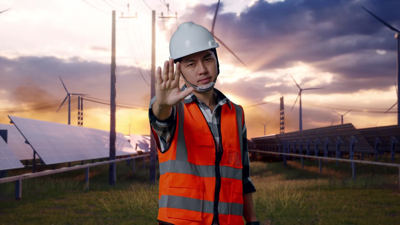 Asian Male Engineer With Safety Helmet Disapproving With No Hand Sign While Standing With Solar Panel and Wind Turbines
