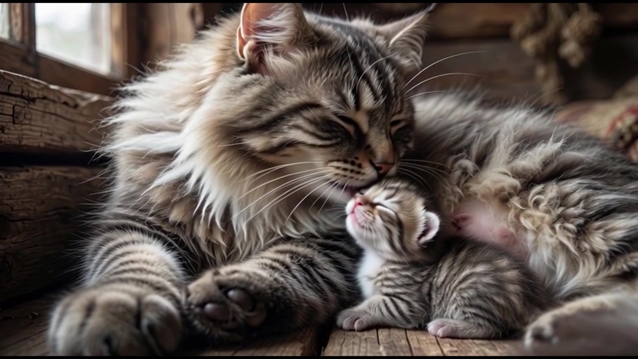 Mamma gatta che pulisce il suo gattino appena nato su un pavimento in legno