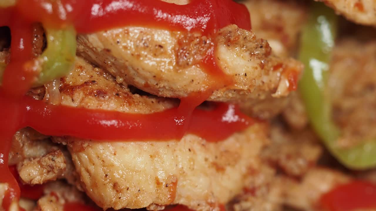 Close-up of chicken with ketchup and peppers