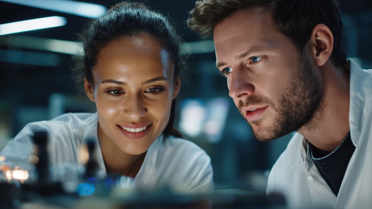 Two scientists study equipment closely. They focus intently, showing shared curiosity and interest. The lab environment glows with cool blue lighting. Ideal for science, medical