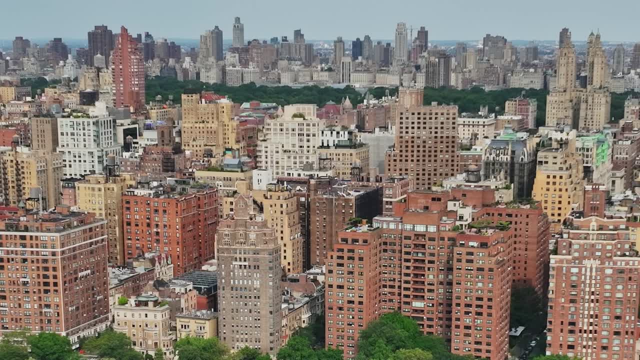 City skyline view captured by drone high above New York City streets